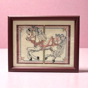 VTG Finished Carousel Horse Counted Cross Stitch Needlework Custom Framed 5X7